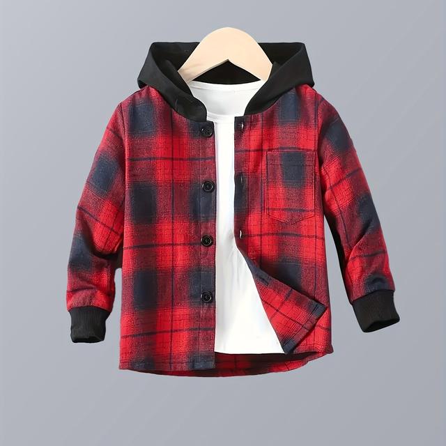 TEMU Jungen Freizeit Karo Kapuzen-Langarmshirt mit Vordertasche - Polyester, Nicht-Dehnbarer Stoff für Frühling/Herbst