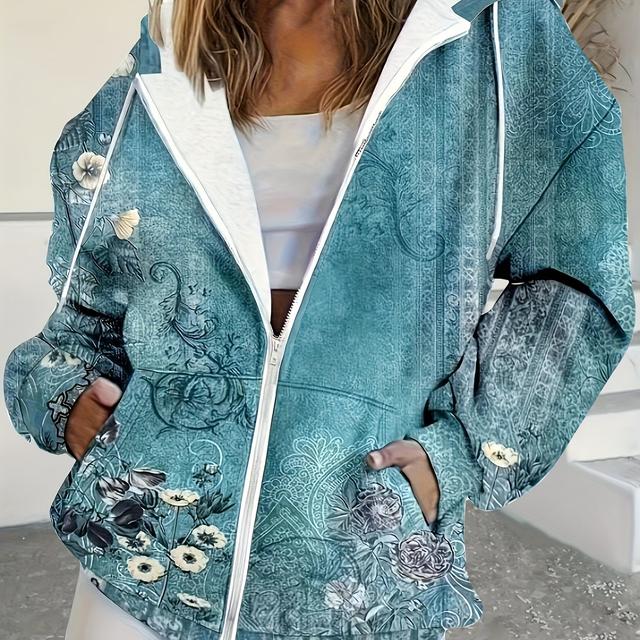 TEMU Große Größen Blumenmuster Tunnelzug Kapuzenmantel, Lässiger Langarmmantel mit für Herbst & Winter, Damenkleidung in Übergröße