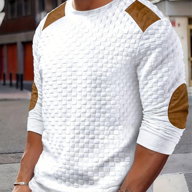 TEMU Men's Fashion Top T-shirt For Autumn And Winter, Outdoor Casual Textured Small Checkered Round Neck Color- Long Sleeve Henley Shirt