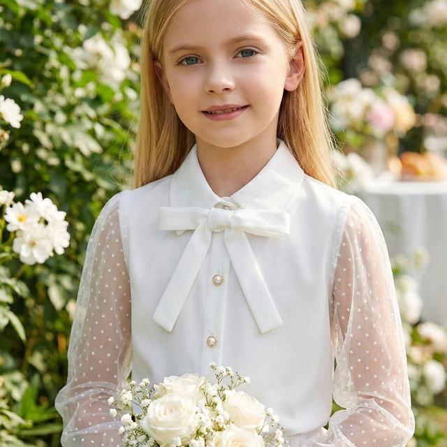 TEMU Elegant Girls' Polka Dot Sheer Mesh Sleeve Blouse - Long Sleeve, Sun-protective, Perfect For Parties & Summer Fashion