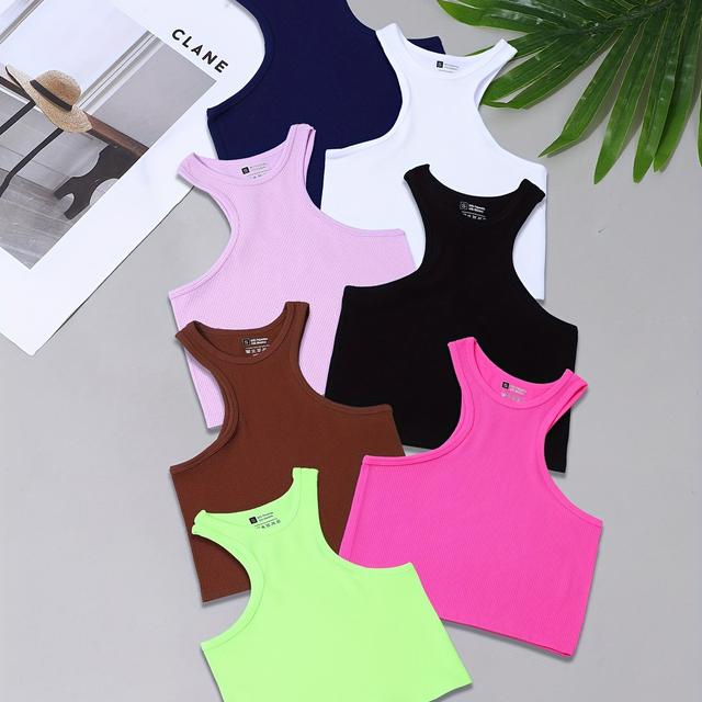 TEMU 7pcs Set Of Solid Color Ribbed Sleeveless Seamless Stretchy Crop Tops, Sexy Yoga Tops For Women's Summer Sportswear
