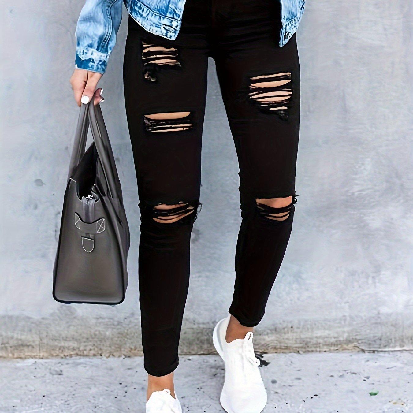 TEMU Women' Color Distressed Elastic Long Pants