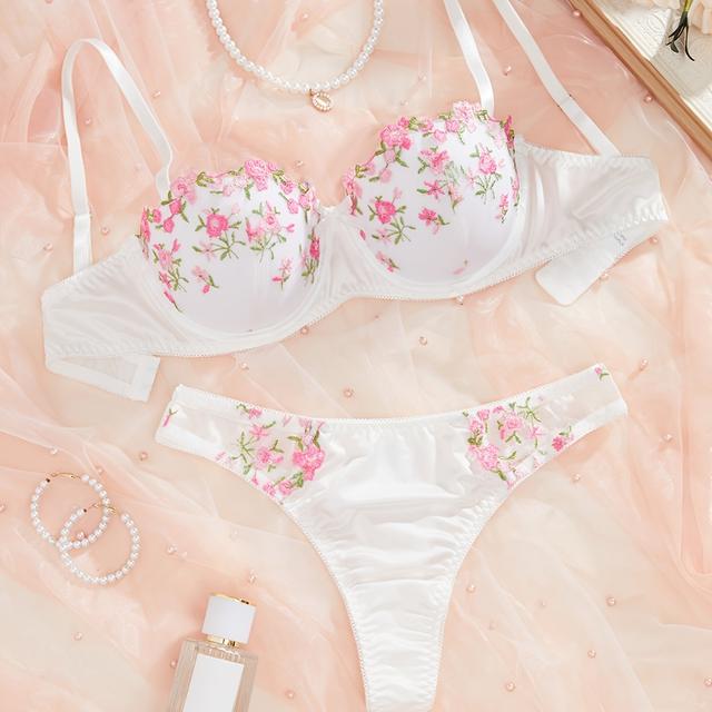 TEMU Elegant Lingerie Set, Floral Embroidery Push Up Cami Bra & Panties, Women's Lingerie & Underwear