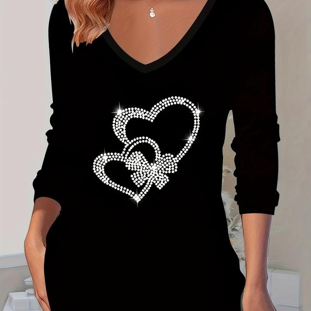 TEMU Chic T-Shirt à Col en V et Manches Longues avec Double Cœur Strass pour Femme