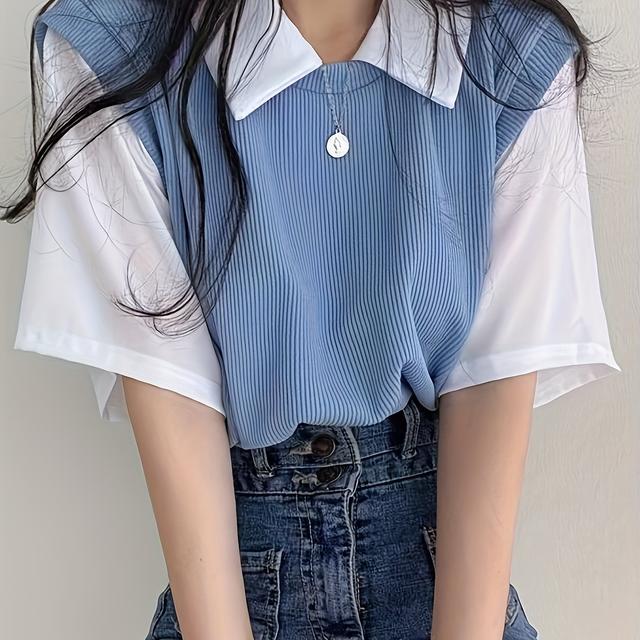 TEMU Korean Style Vest Shirt Collar Fake 2in1 Women's Loose Casual Tshirt Top 46