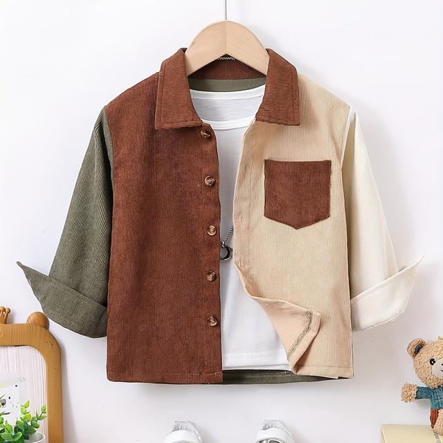 TEMU Boys Casual Corduroy Shirts Colorblock Long Sleeve Button Up Tops Outwear Shirts Jacket Clothes