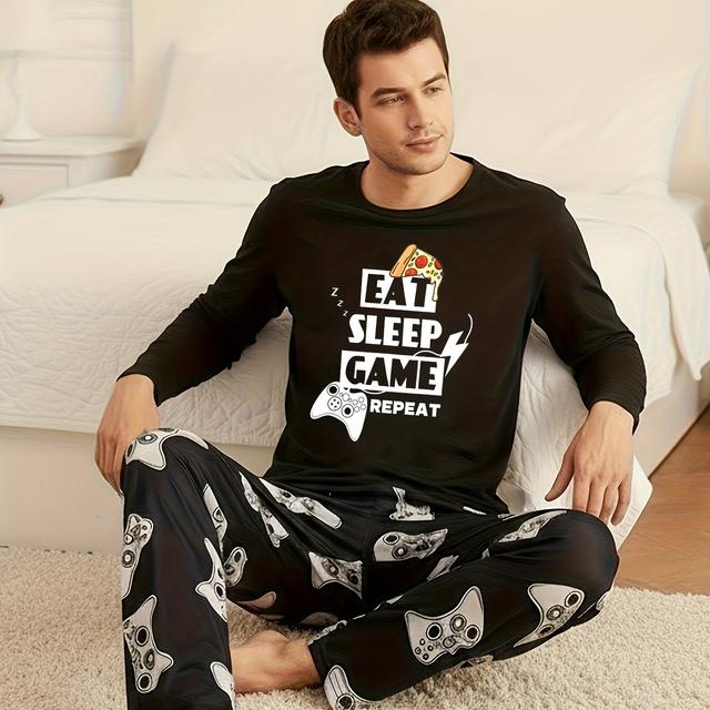 TEMU Conjunto de Roupa de Descanso de Duas Peças para Homem, com Top de Comprida com Estampa de Letras Temática de Gaming para Outono e Inverno, Combinado com Calças Compridas