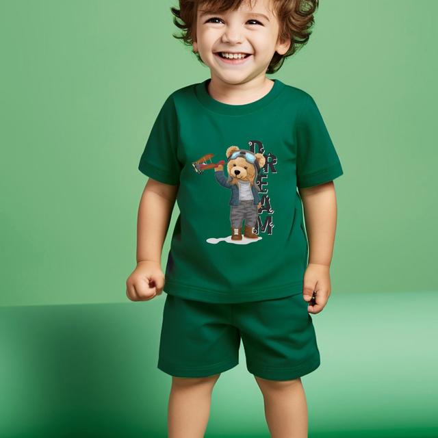TEMU Summer New Boys' Short Sleeve T-shirt Set With Cartoon Bear Playing Toys Letter Print Fashion Shorts Two-piece Set, Perfect For Outdoor