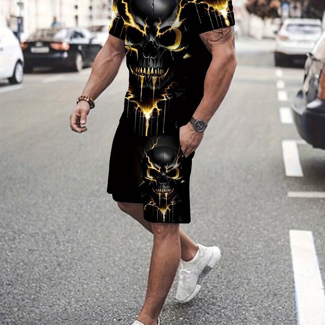 TEMU 2-teiliges Sommer-Outfit-Set für Herren, neuartiges kurzärmliges T-Shirt mit Rundhalsausschnitt und Totenkopfmuster für Herren und Sportshorts mit