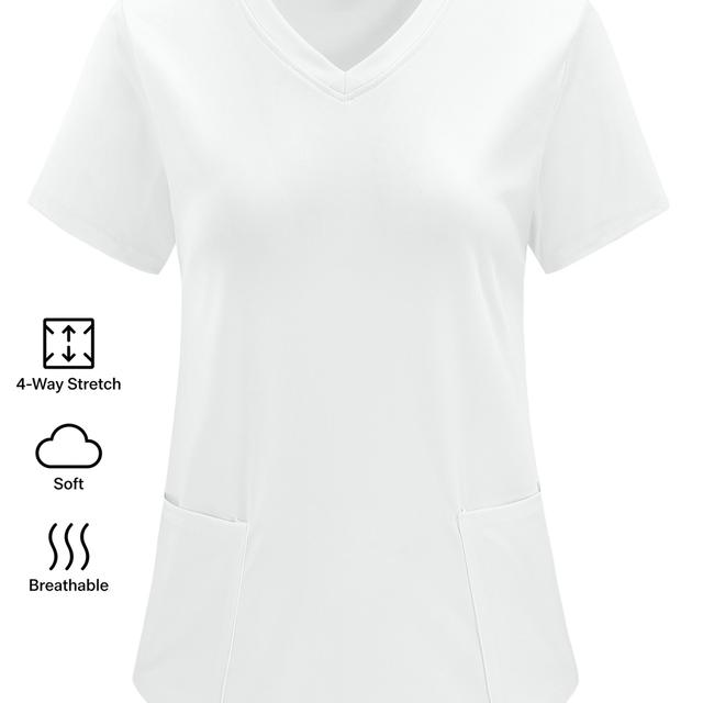 TEMU Talla Grande - Talla Grande - Uniforme de Enfermera de Color Sólido Ropa de Trabajo Manga Corta Cuello en V Bolsillos Blusas Camiseta Tops de Mujer