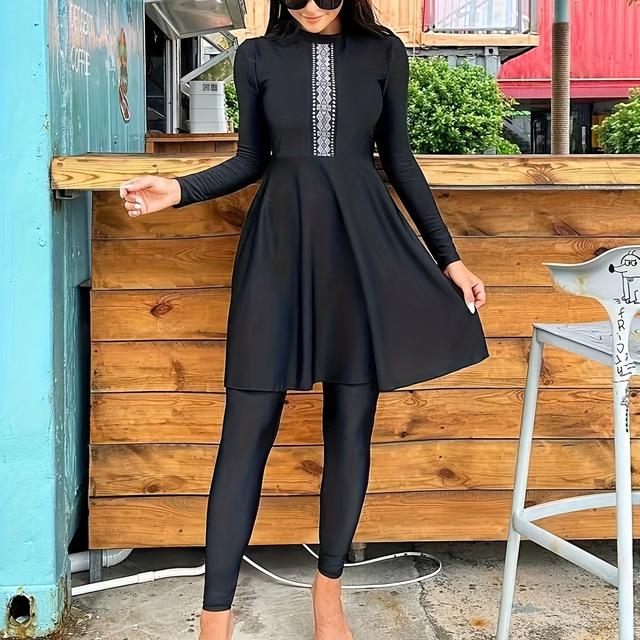 TEMU Women's Modest One-piece Swimsuit - Middle Eastern Inspired Long Sleeve Geometric Print High Elasticity Swimwear, Machine Washable Conservative Coverage For Beach & Pool, Long Sleeve Swimsuit