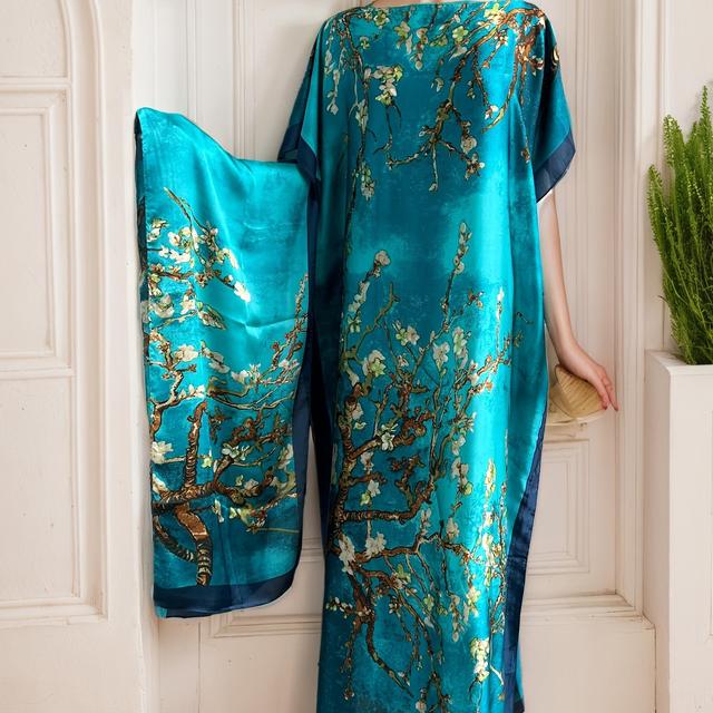 TEMU Plus Size - Plus Size - A Plus-size Kaftan Dress For Women With A Matching Shawl, Featuring A Long Green And Blue Floral Dress, Batwing Sleeves, And Suitable As A Beach Cover-up Or Loungewear