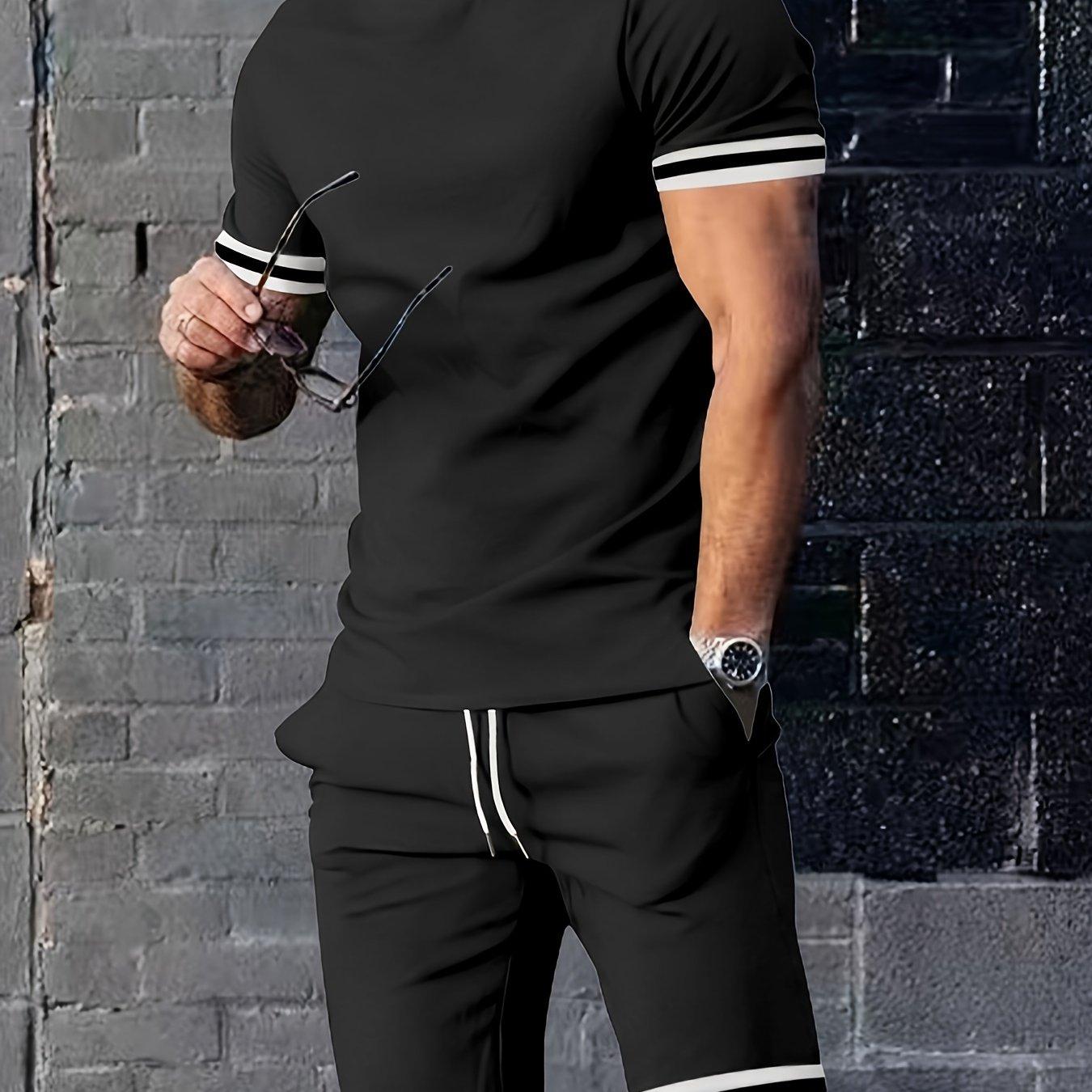 TEMU 2025 New Casual Men's Set Round Neck Short Sleeve T-shirt Summer Drawstring Shorts Solid Color Men's Suit