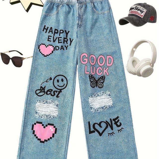 TEMU Are Not Denim, But 3d Print Denim-like Fabric. Lightweight Casual Pants For Aged 8-12, Featuring A Sweet And With Cartoon Letters And Graffiti Print, Designed In A Loose Wide-, For Outdoor