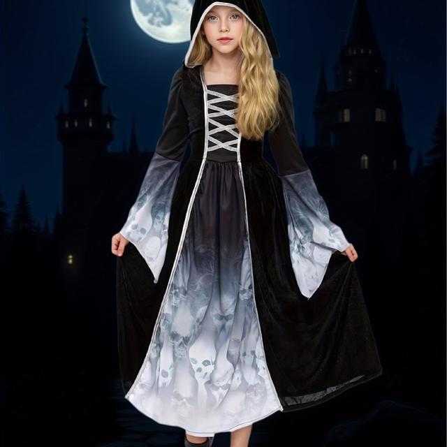 TEMU Robe de Cosplay Halloween pour Fille, Jupe Longue Renaissance Médiévale à Capuche avec Nœuds et Manches Cloche, Style Gothique Horreur Squelette