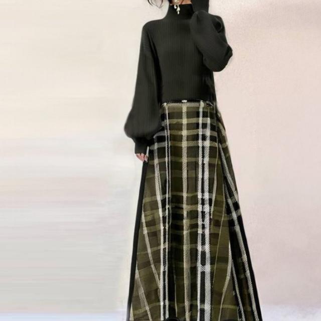 TEMU 【レディース】トなツーピースセットアップ - ハイネックセータートップス＆構造的なスカート、シックなオフィスからパーティーまで対応、秋/冬向け、丈夫で耐寒性のある普段使いやルなイベントに最適、秋のファッション、冬のワードローブ、ストライプスカート、ハイネックデザイン