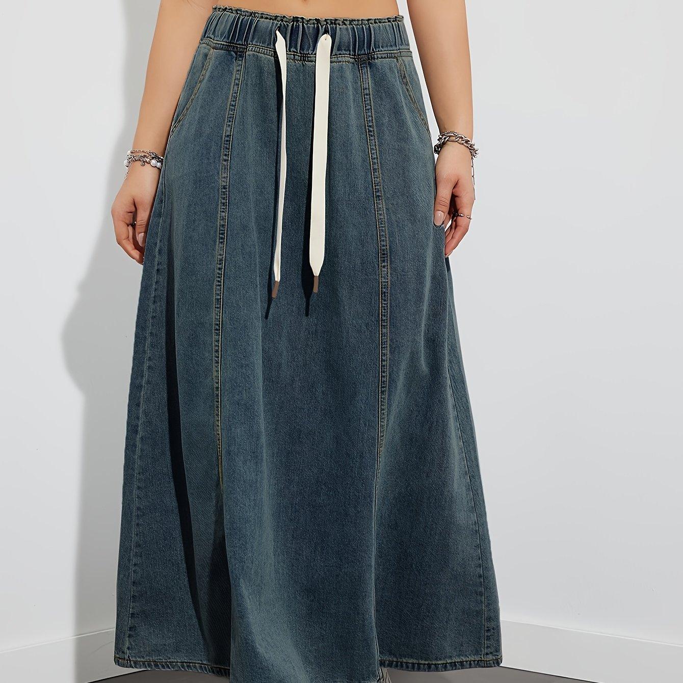 TEMU 25aw And Rubber Waistband Sense Elastic Waist Drawstring Loose A-line Denim Long Skirt Women's Casual Blue Half Skirt