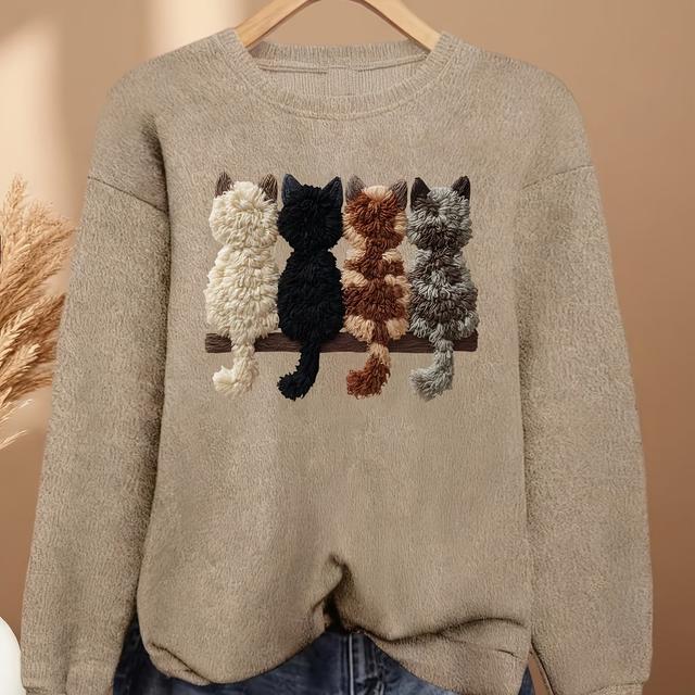 TEMU Plus Size - Plus Size - Women's Plus Size Fleece Lined Fluffy Cat Trio Print Crew Neck Sweater | Casual Long Sleeve Pullover, Cozy Cat Lover Graphic Top For Fall & Winter