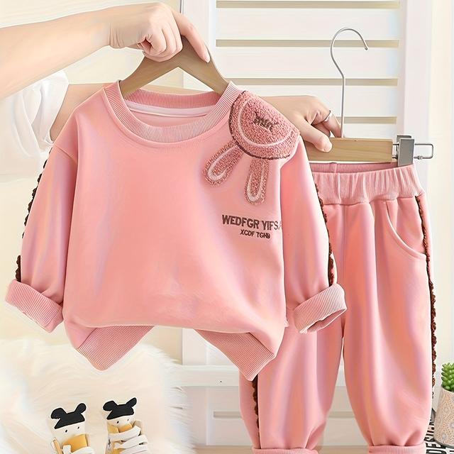 TEMU Autumn Girls' New Solid Color Round Neck Rabbit Sweatshirt Long Sleeve Set Spring Baby Girls' Casual Fashion Pants Two-piece Set, Perfect For Outdoor