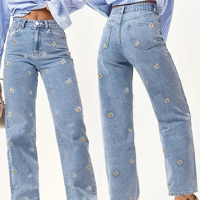 TEMU New Women's Plus Size High-waisted Fashionable Embroidered Flower Straight-leg Pants, Wear, Light Blue Jeans