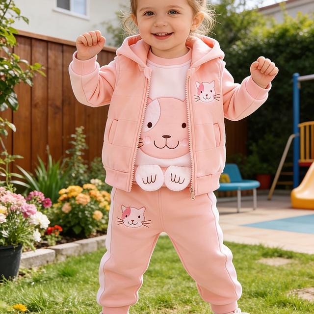 TEMU Niedliches Cartoon Katzen Dreiteiler Set für Babys im Herbst und Winter, bestehend aus einem verdickten Hoodie, Hose und einem stylischen Westen mit Kapuze, für Draußen