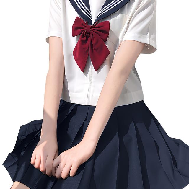 TEMU Jk Uniform Sailor Costume 3pcs Set, Featuring A White Short-sleeve Shirt, Navy Blue Pleated Skirt, And Red Bow Tie, Halloween, Themed Parties, Events, Daily Wear, Photography, Or Gift-giving