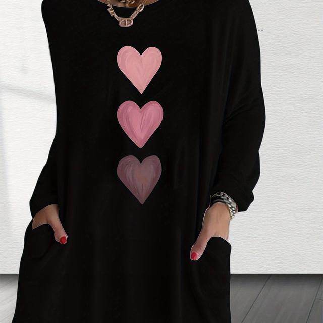 TEMU Three-heart Print - New Women's Soft Round Neck Long Sleeve Pocket T-shirt, Fashionable , Machine Washable, Suitable As A Gift For Sisters