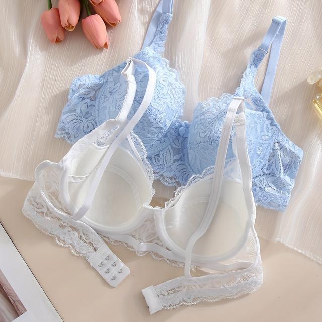 TEMU 2pcs Women's Lace Push-up Bras With Non-removable Padded Cups, Front Bow Detail, Black & White Lace Designs, Comfortable Underwire Support For Casual Attire, Lace Bra Set