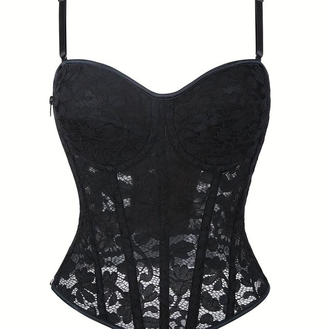 TEMU Czarna koronkowa bielizna modelująca z regulowanymi cienkimi ramiączkami i wkładkami nad biustem, zaprojektowana dla dopasowanego wyglądu, która może być noszona odzież wierzchnia