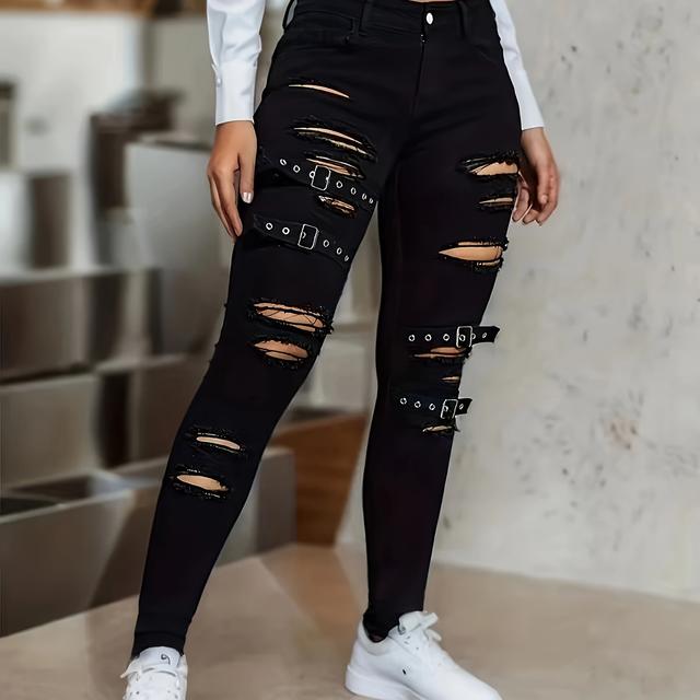TEMU Ripped Holes Chic Skinny Jeans, Slim Fit Stretchy Tight Jeans, Women's Denim Jeans & Clothing