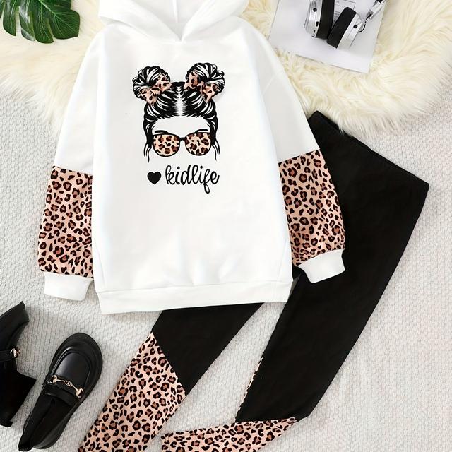 TEMU 2-teiliges Set: Einfarbiger Strick-Spleiß-Leopardenmuster-Porträt-Kapuzenpullover und enge Leggings-Hose, lässige Sportbekleidung für Frühling und Herbst, für Outdoor