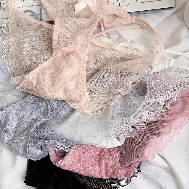TEMU 女性用トなレースボウノットブリーフ5枚セット - 通気性と伸縮性のあるセミシアーパンティ、カラー、繊細なレースのディテールが施された快適なポリエステルインナーウェア