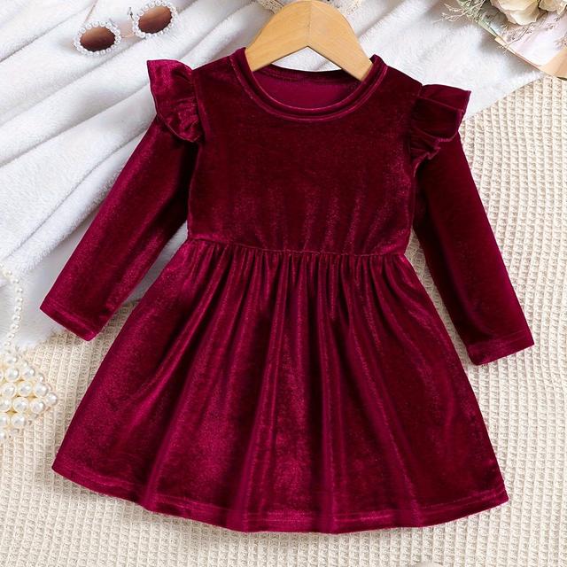 TEMU Girls' Burgundy Velvet Pleated Dress With Long Sleeves - Round Neck, Stretchy & Comfortable, Casual Wear Or Parties