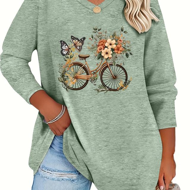 TEMU Plus Size - Women's Plus Size V-neck Long Sleeve T-shirt With & Floral Print, Soft & Machine Washable, Loose Fit For Fall/winter - , Outdoor, Travel Wear, Autumn Apparel | Top | Medium Elasticity