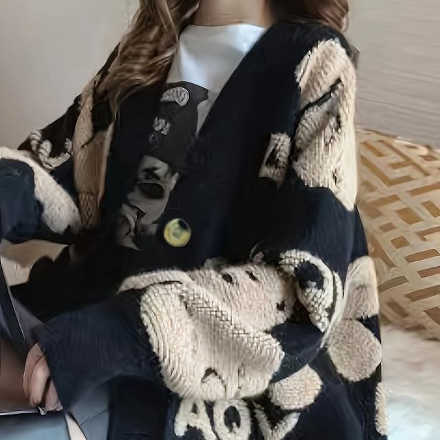 TEMU 女性用韓国スタイルオーバーサイズレターカーディガン - 厚手の冬用ジャケット、ボタンクロージャー付き、快適なセーターコート、手洗い可能 - ブレンド（青/黒/茶/タン）- トなカジュアルアウター、ゆったりフィットで中程度のストレッチ、秋冬着用、シックなレタープリントデザイン、韓国ファッションイン