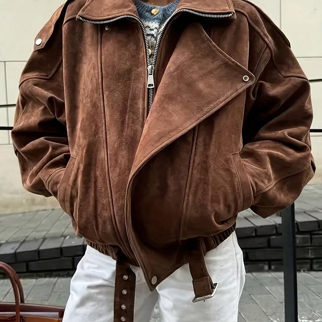 TEMU 여성용 우아한 브라운 인조 재킷 - 긴소매 지퍼 앞면 코트, 버튼 클로저, 가을/겨울용 구조형 논스트레치 원단, 오피스, 파티, - 여성용 아우터 재킷, 여성 재킷, 파티복, 세련된 스타일