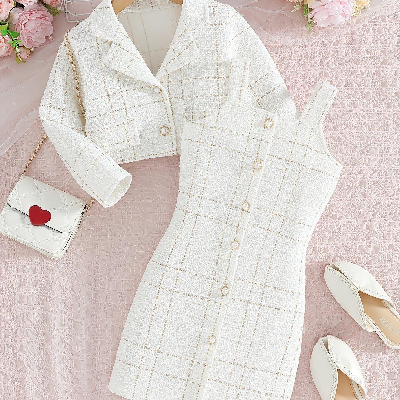 TEMU Girls' Spring/autumn Fashion 2pcs Set: Elegant Lapel Long-sleeve Coat With + Camisole Dress With Vertical Buttons, A Outfit Perfect For Fashion Parties, Casual Daily , And Formal Occasions