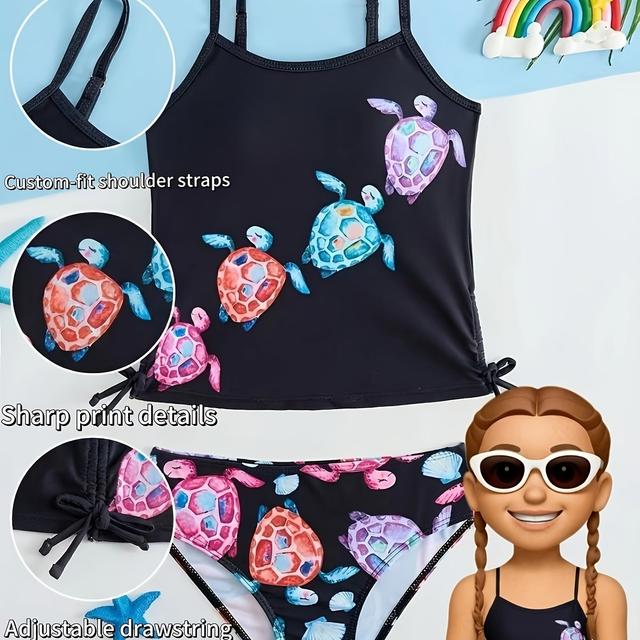 TEMU Girl's Swimsuit, Suitable For Girls Aged 5-12, Black Two-piece Cute Colorful Design With Thin Shoulder Straps And Drawstring, High-elasticity For Beach, Seaside, And Pool