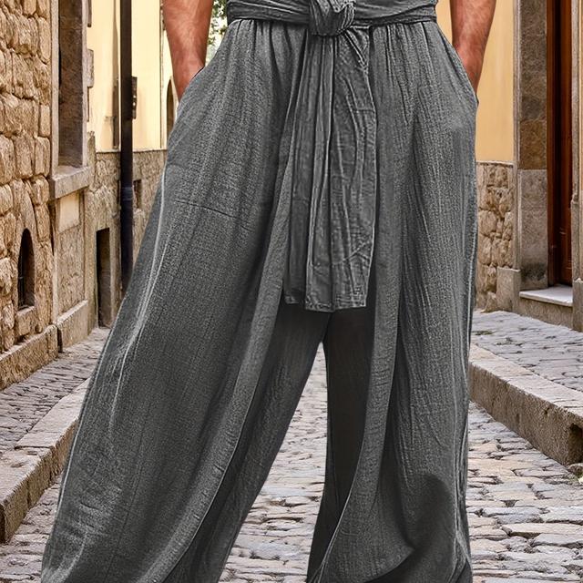 TEMU Men's Loose-fit Long Pants | Comfortable Linen, Solid Color, Bow Detail, Suitable For Spring/summer/fall, Casual & Beach Wear