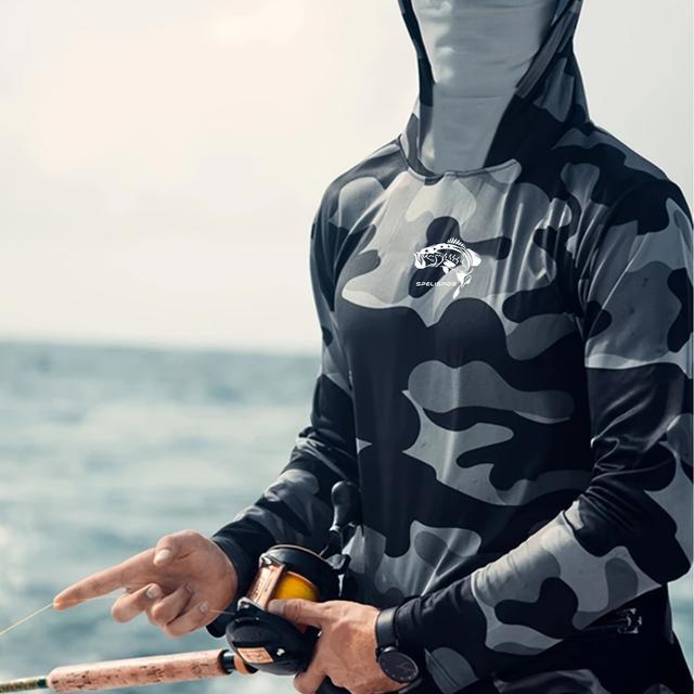 TEMU Men's Hooded Shirt Sailing With Mask, Active Fish Print Quick Dry Slightly Stretch Long Sleeve Rash Guard For Fishing Hiking Cycling Outdoor