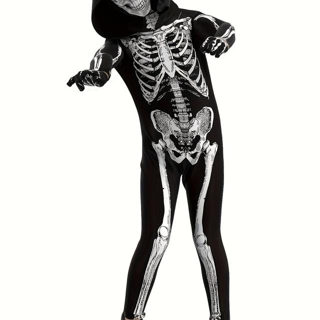 TEMU Männer Unisex Furchteinflößender Imitations-Skelett-Kapuzenoverall mit Handschuhen, für Geburtstag, Halloween und Karnevalsparty spielen & Auftritt