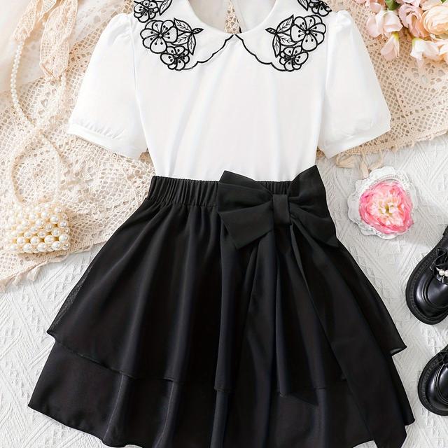 TEMU Embroidered Collar Half-length Dress Set For Girls