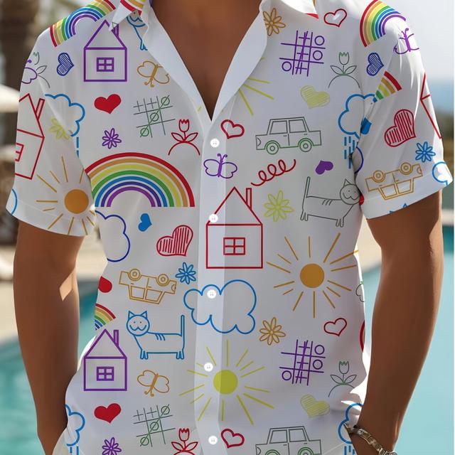 TEMU Camisa casual para hombre con diseño de casa y - Manga corta, cuello de solapa, poliéster , geométrico, para salidas , ropa casual | Diseño | Acabado