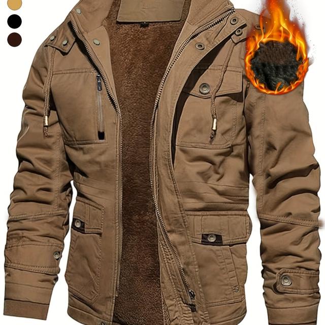 TEMU A Durable And Warm Medium To Long Men's Winter Jacket, Suitable For Casual Work, Featuring Multiple Pockets, A Zipper, And A Hood For Outdoor Wind