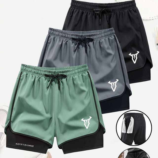 TEMU 3 Piezas Pantalones Cortos Deportivos para Hombre, Secado Rápido, Transpirables, , Estampado Geométrico de Cabeza de , Moda para Gimnasio, Running y Playa