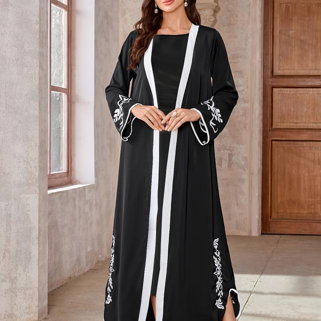 TEMU Elegant Embroidered Black Abaya - Geometric Pattern Polyester Caftan With Long Sleeves For Women, Middle Eastern Style, Lightweight Woven Robe For Spring/summer/fall