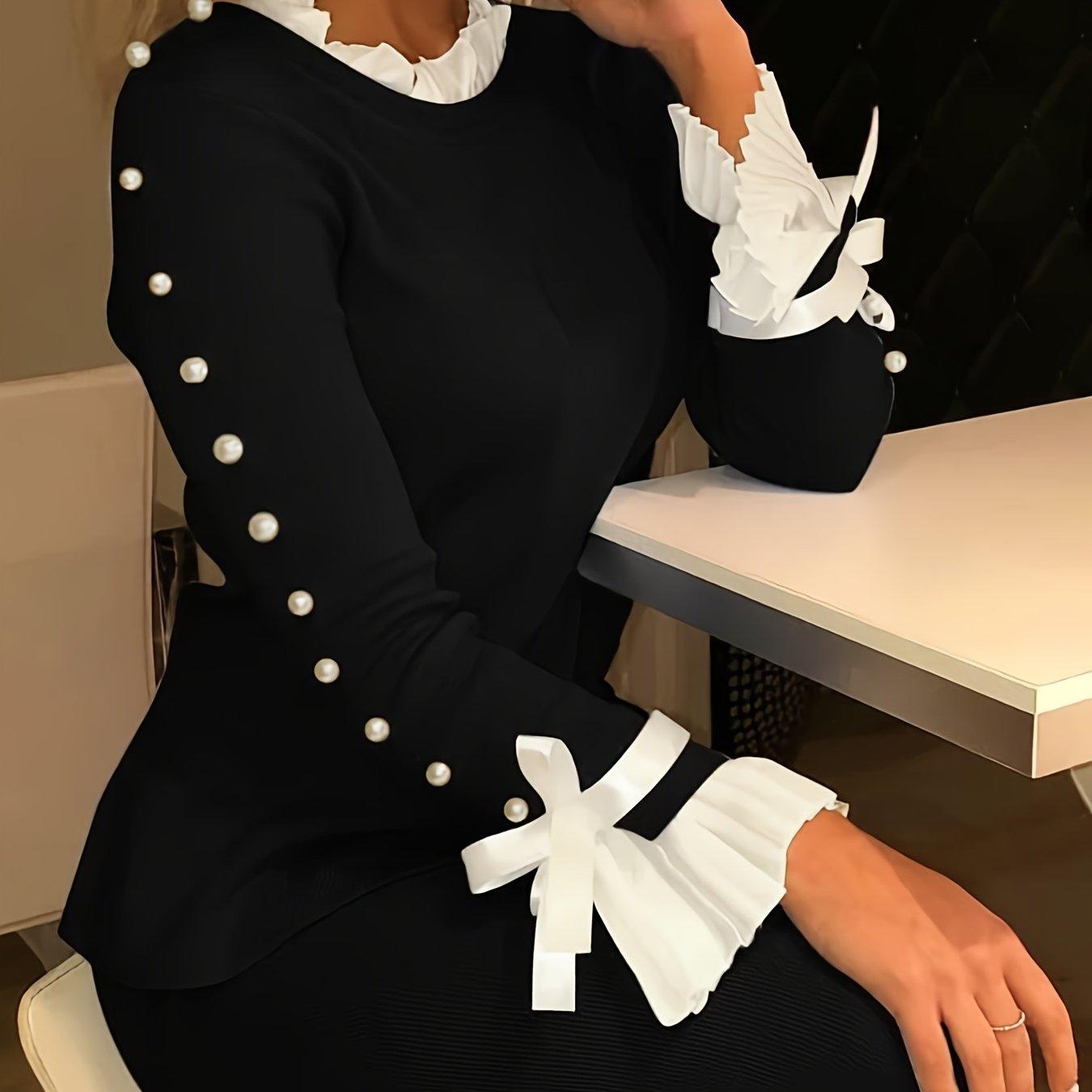 TEMU New Arrival Women's Elegant Black Top With White Collar And Cuffs, White Bow Detail On Sleeve, Pearl Embellishments On Shoulders And Sleeves, Intricate Design For A And , Women's Pullover Top