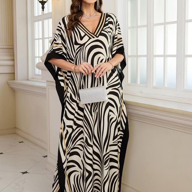 TEMU Plus Size - Plus Size - Edolynsa Elegant Long Dress With Zebra Print, V-neck Batwing Sleeve Ramadan Middle Abaya Tunic, Casual Vacation Plus Size Kaftan Cover-up Q1615