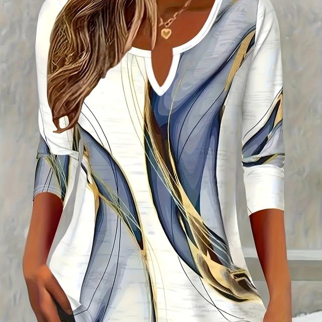 TEMU Plus Size Damen T-Shirt mit Marmor-Print und Langarm, Rundhalsausschnitt