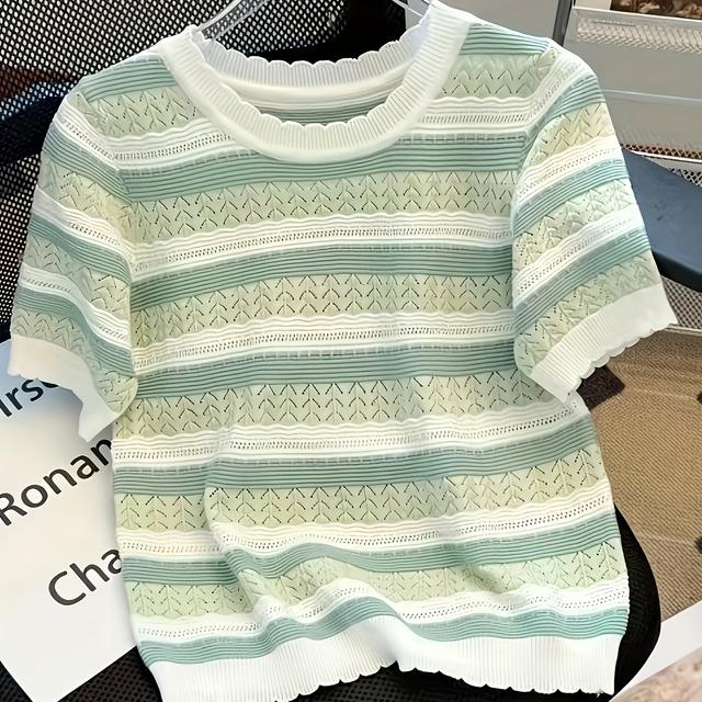 TEMU 2025 Korean Style Fashionable Versatile Summer Top With Colorful Stripes, Loose-fit Short Sleeve T-shirt For Women